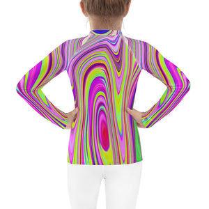 Girls Rash Guard Shirts, Trippy Yellow and Pink Abstract Groovy Retro Art