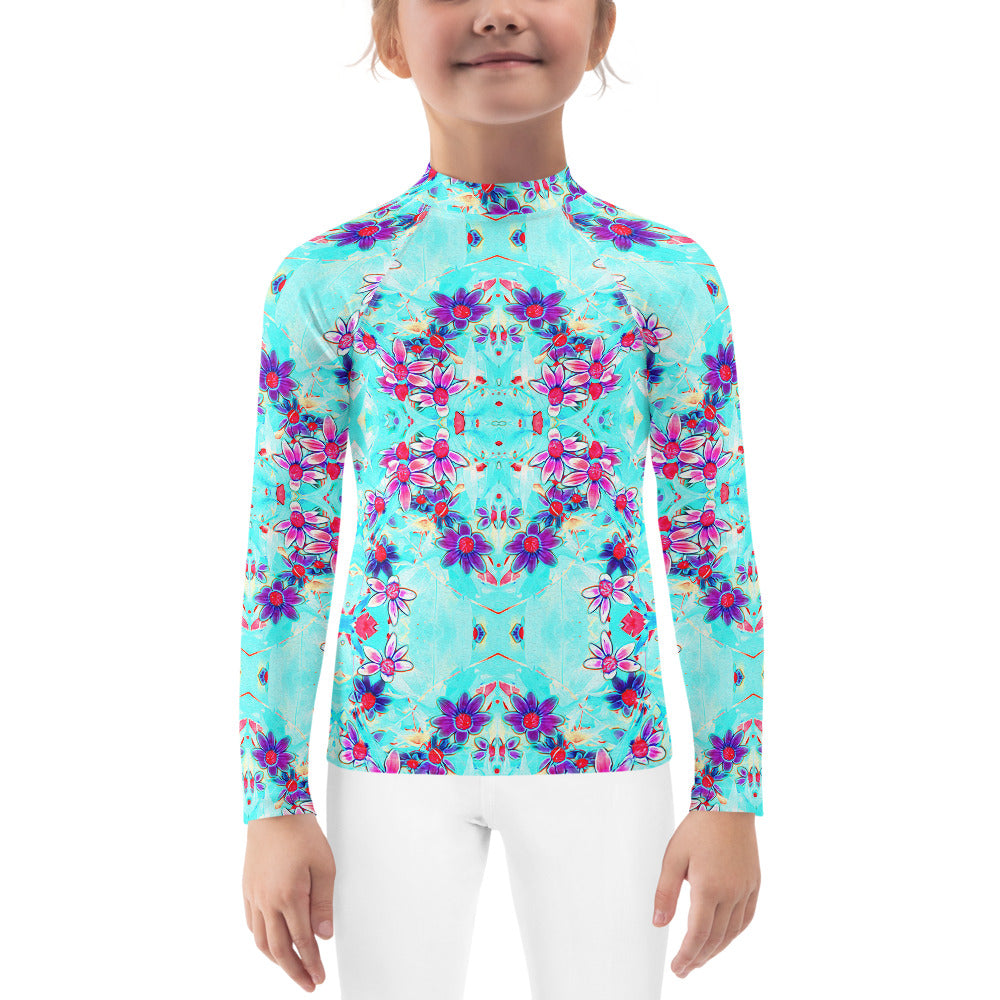 Rash Guard Shirts for Kids, Cute Girly Purple Flower Pattern on Aqua Blue
