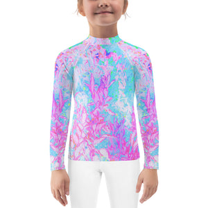 Rash Guard Shirts for Kids, Aqua Blue and Hot Pink Hydrangea Landscape