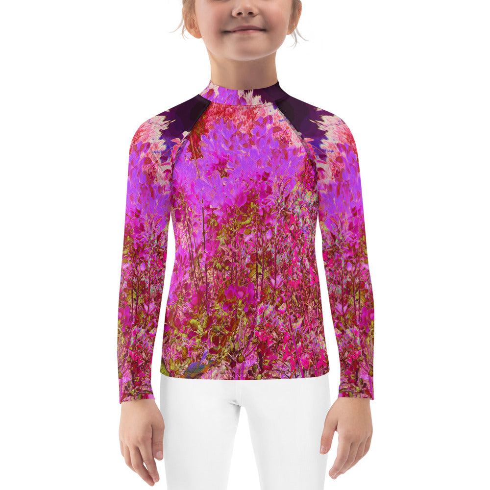 Rash Guard Shirts for Kids, Colorful Abstract Foliage Garden with Purple Sunset