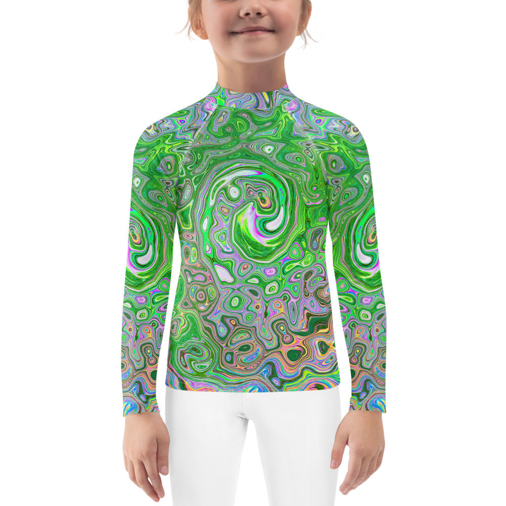 Rash Guard Shirts for Kids, Trippy Lime Green and Pink Abstract Retro Swirl