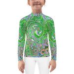 Rash Guard Shirts for Kids, Trippy Lime Green and Pink Abstract Retro Swirl