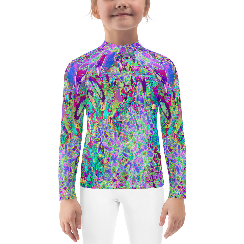 Rash Guard Shirts for Kids, Trippy Abstract Pink and Purple Flowers
