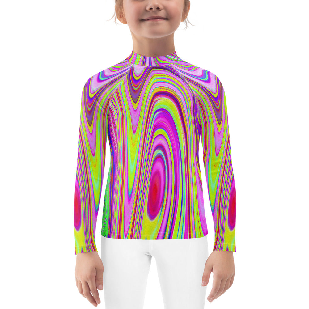 Girls Rash Guard Shirts, Trippy Yellow and Pink Abstract Groovy Retro Art