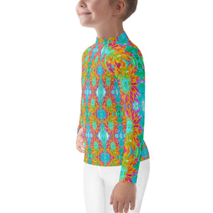Rash Guard Shirts for Kids, Abstract Retro Dahlia Pattern in Orange and Teal Blue