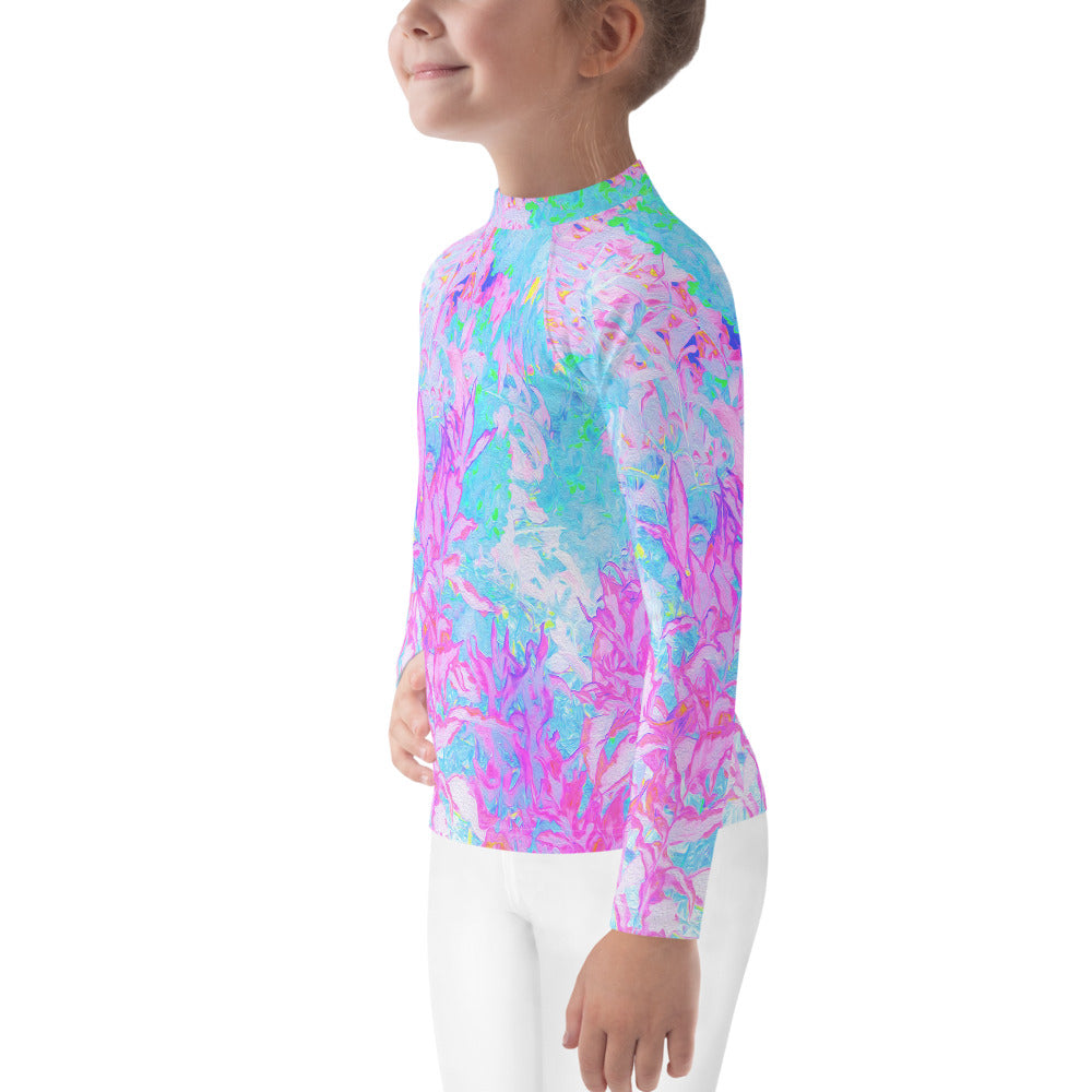 Rash Guard Shirts for Kids, Aqua Blue and Hot Pink Hydrangea Landscape