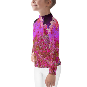 Rash Guard Shirts for Kids, Colorful Abstract Foliage Garden with Purple Sunset