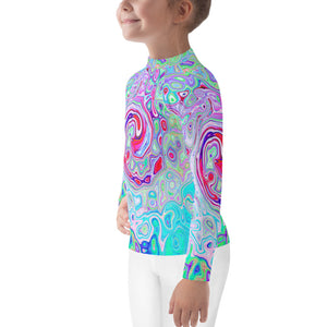 Rash Guard Shirts for Kids, Groovy Abstract Retro Pink and Green Swirl