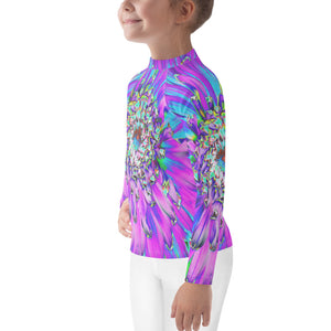 Rash Guard Shirts for Kids, Trippy Abstract Aqua, Lime Green and Purple Dahlia