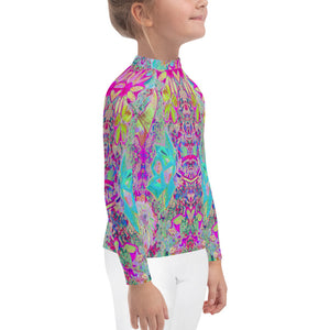 Rash Guard Shirts for Kids, Psychedelic Abstract Magenta and Aqua Garden Collage