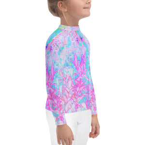 Rash Guard Shirts for Kids, Aqua Blue and Hot Pink Hydrangea Landscape