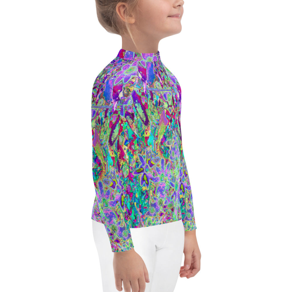 Rash Guard Shirts for Kids, Trippy Abstract Pink and Purple Flowers