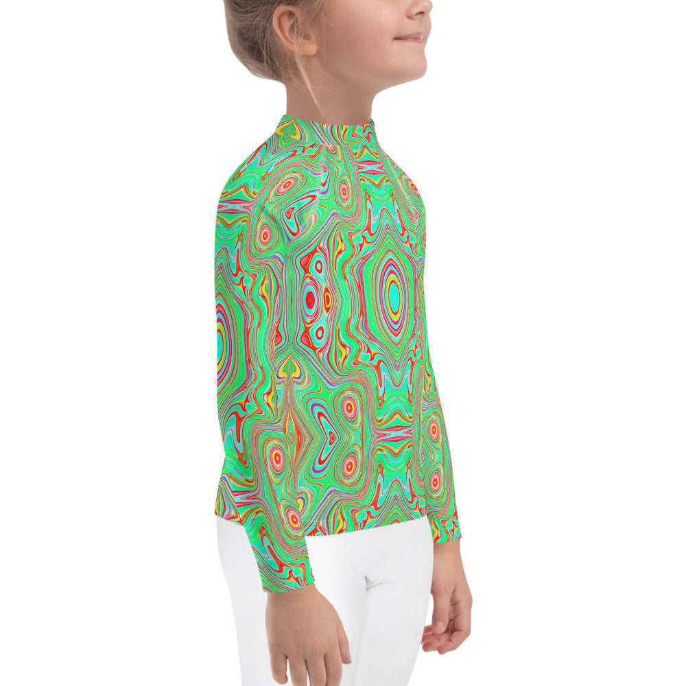 Rash Guard Shirts for Kids, Trippy Retro Orange and Lime Green Abstract Pattern