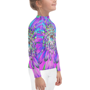 Rash Guard Shirts for Kids, Trippy Abstract Aqua, Lime Green and Purple Dahlia