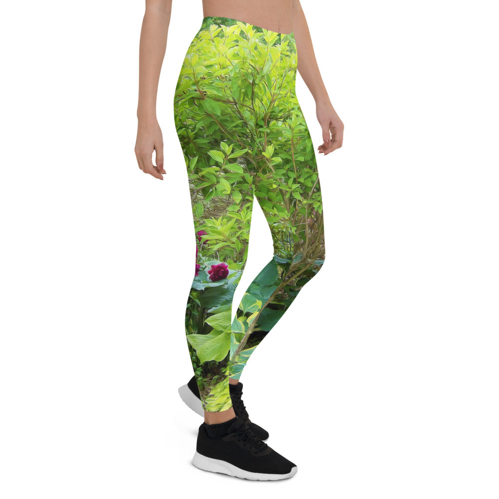 Leggings for Women, Beautiful Green Garden Landscape with Hostas