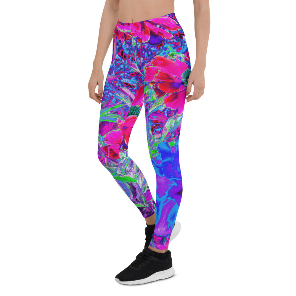 Leggings for Women, Psychedelic Purple, Red and Magenta Flowers