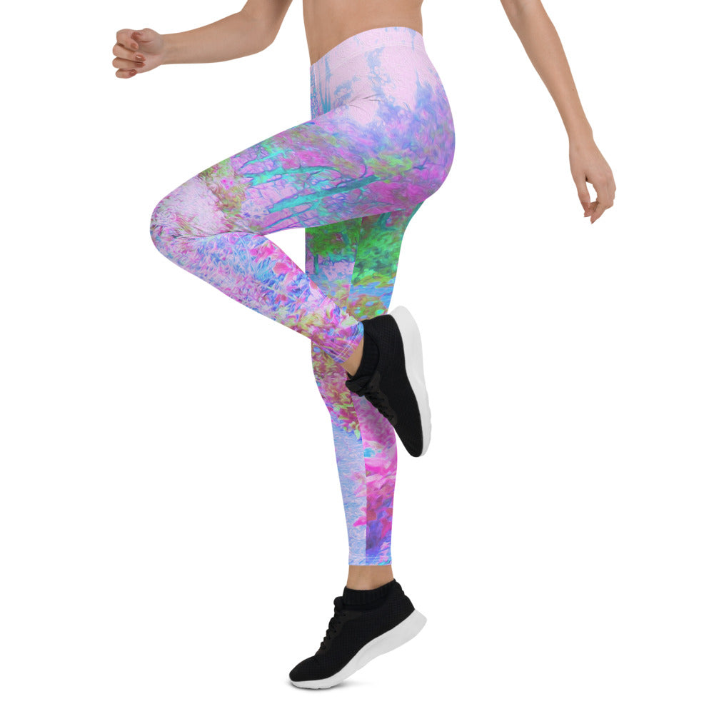 Leggings for Women, Impressionistic Pink and Turquoise Garden Landscape