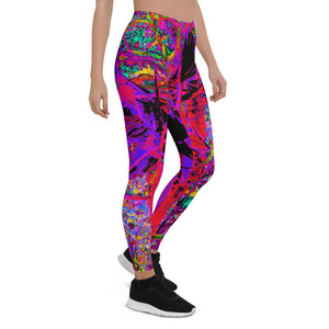 Leggings for Women, Trippy Abstract Rainbow Oriental Lily Flowers