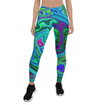 Leggings for Women, Groovy Abstract Retro Green and Blue Swirl