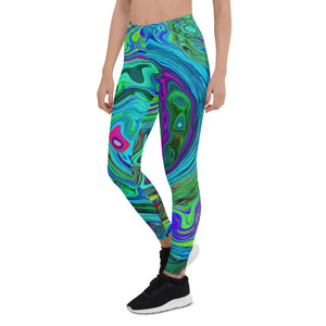 Leggings for Women, Groovy Abstract Retro Green and Blue Swirl