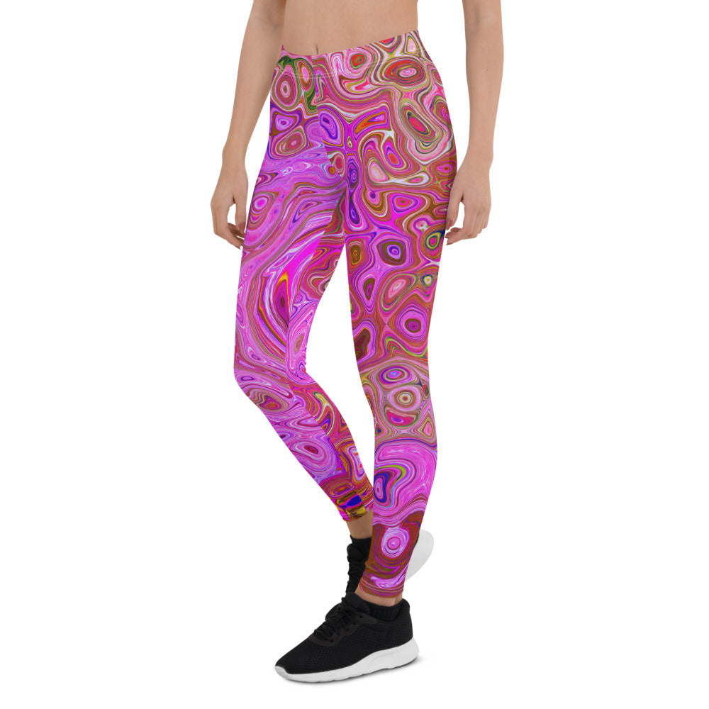 Leggings for Women, Hot Pink Marbled Colors Abstract Retro Swirl