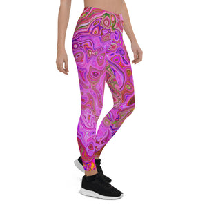 Leggings for Women, Hot Pink Marbled Colors Abstract Retro Swirl