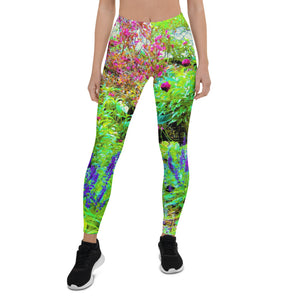 Leggings for Women, Green Spring Garden Landscape with Peonies