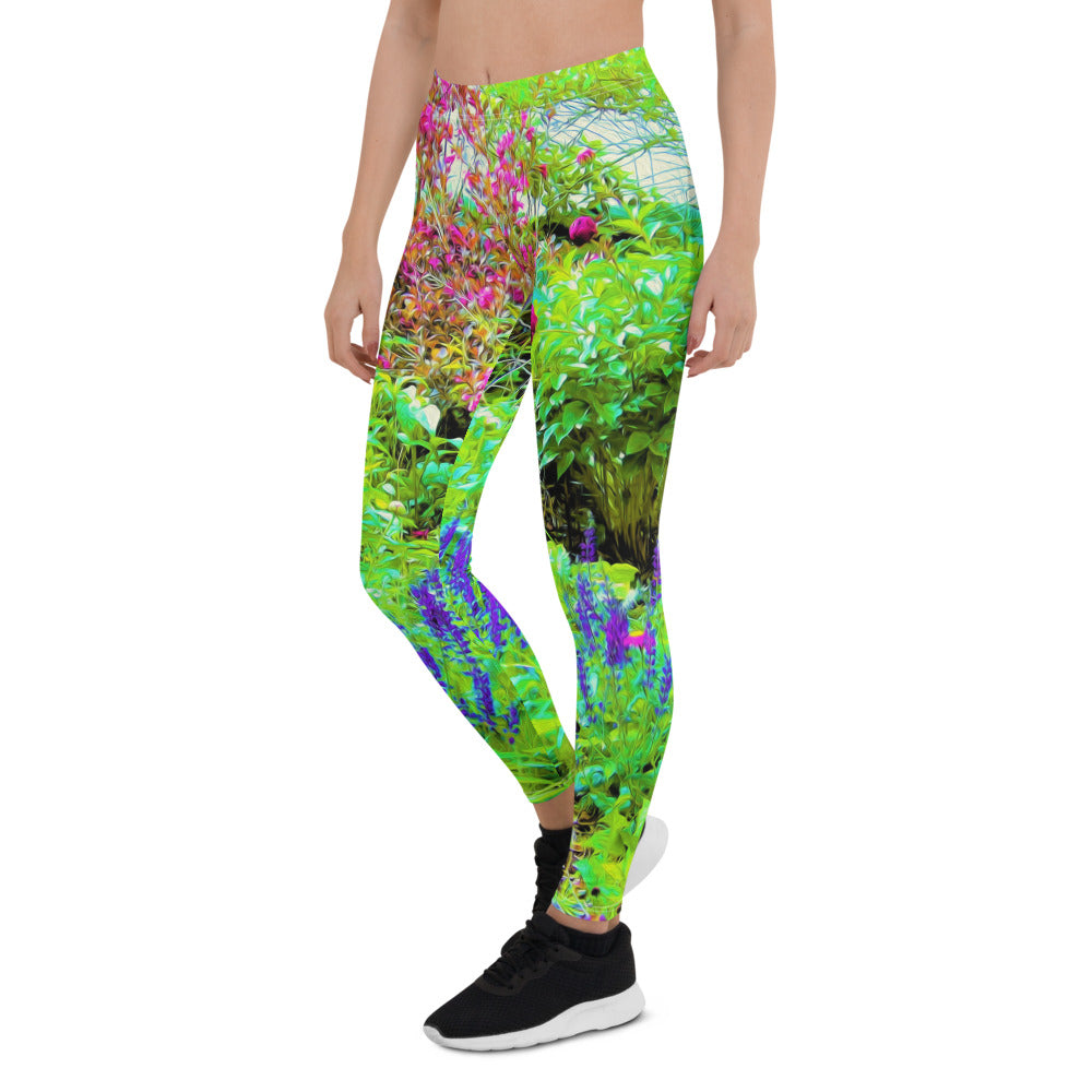 Leggings for Women, Green Spring Garden Landscape with Peonies