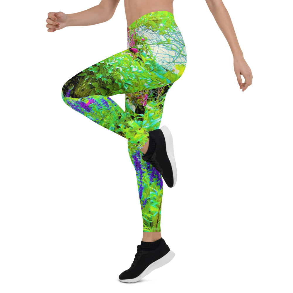 Leggings for Women, Green Spring Garden Landscape with Peonies