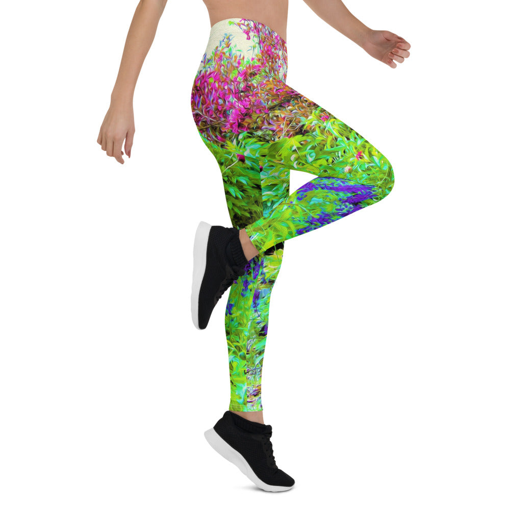 Leggings for Women, Green Spring Garden Landscape with Peonies