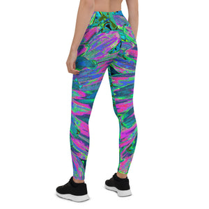 Leggings for Women, Psychedelic Magenta, Aqua and Lime Green Dahlia