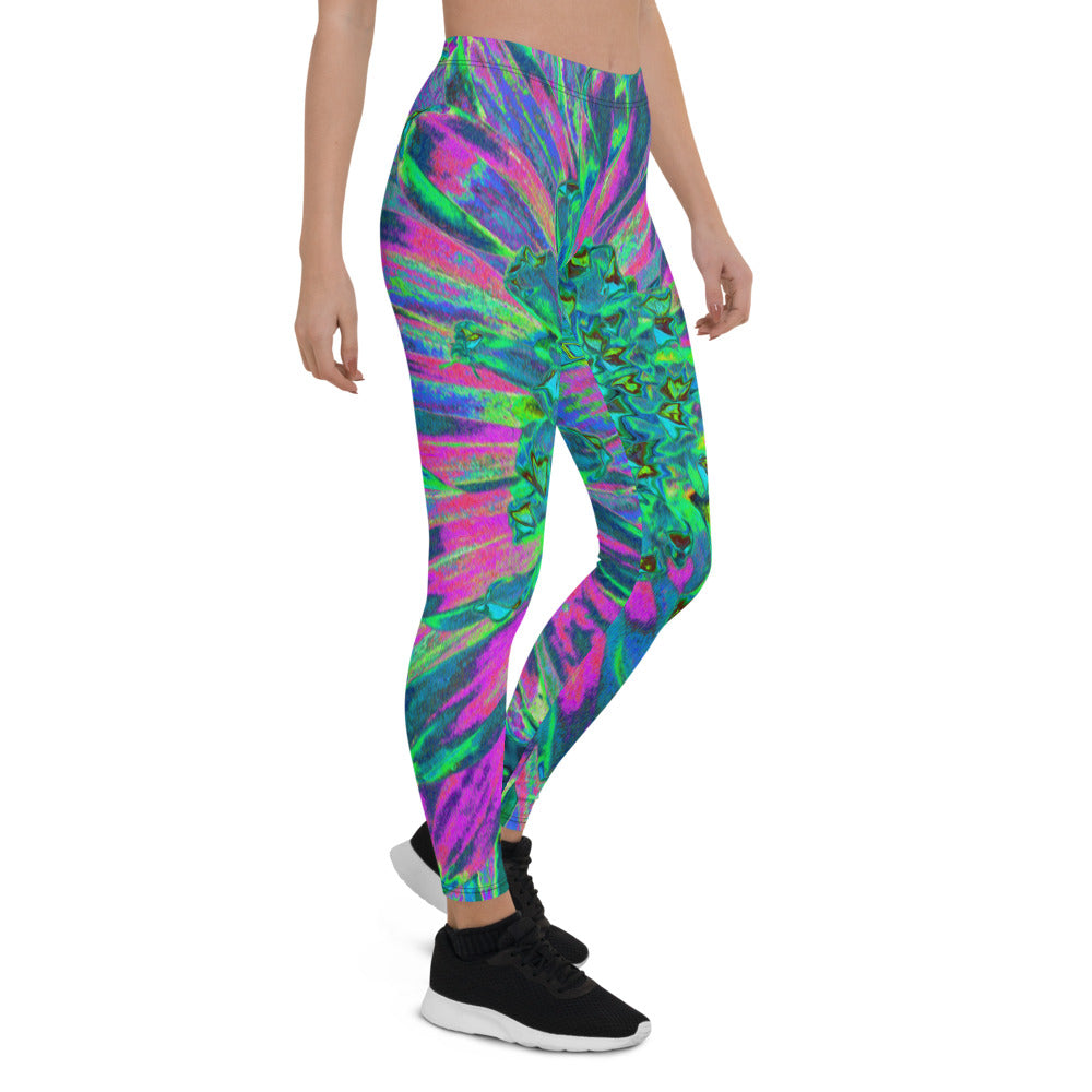 Leggings for Women, Psychedelic Magenta, Aqua and Lime Green Dahlia