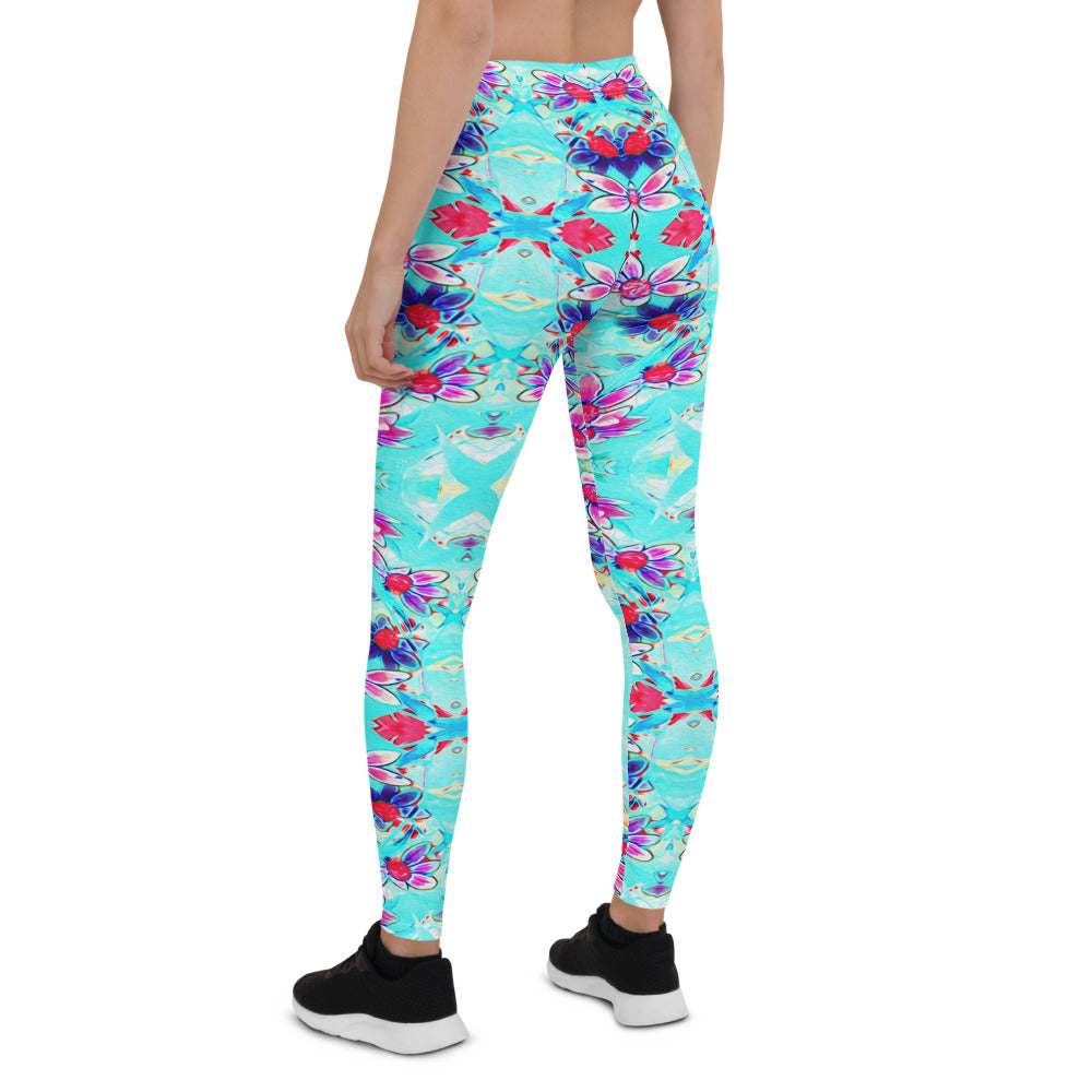 Leggings for Women, Cute Girly Purple Flower Pattern on Aqua Blue