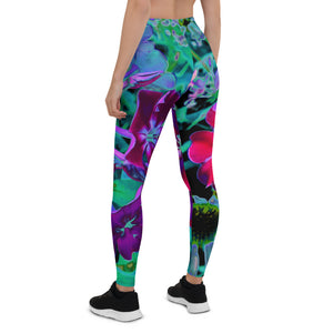 Leggings for Women, Dramatic Red, Purple and Pink Garden Flower