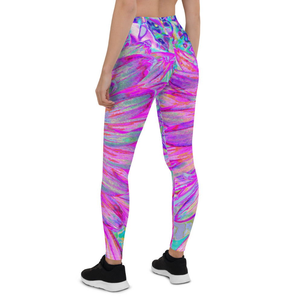 Colorful Floral Leggings for Women, Cool Pink Blue and Purple Artsy Dahlia Bloom