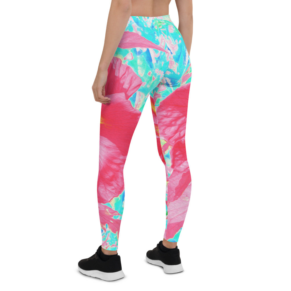 Leggings for Women, Two Rosy Red Coral Plum Crazy Hibiscus on Aqua