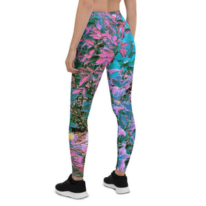 Leggings for Women, Abstract Coral, Pink, Green and Aqua Garden Foliage