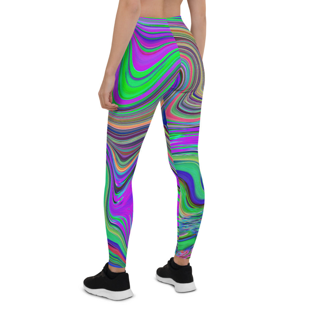 Leggings for Women, Trippy Lime Green and Purple Waves of Color