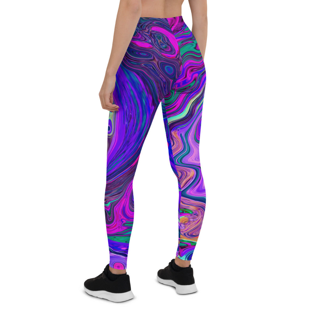 Leggings for Women, Groovy Abstract Retro Magenta and Purple Swirl