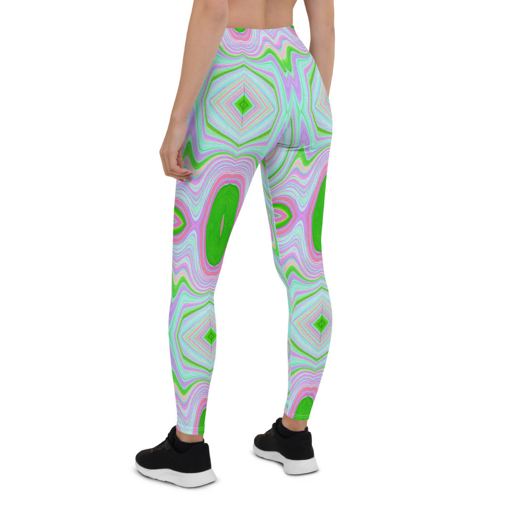 Leggings for Women, Retro Abstract Pink, Lime Green and Aqua Pattern