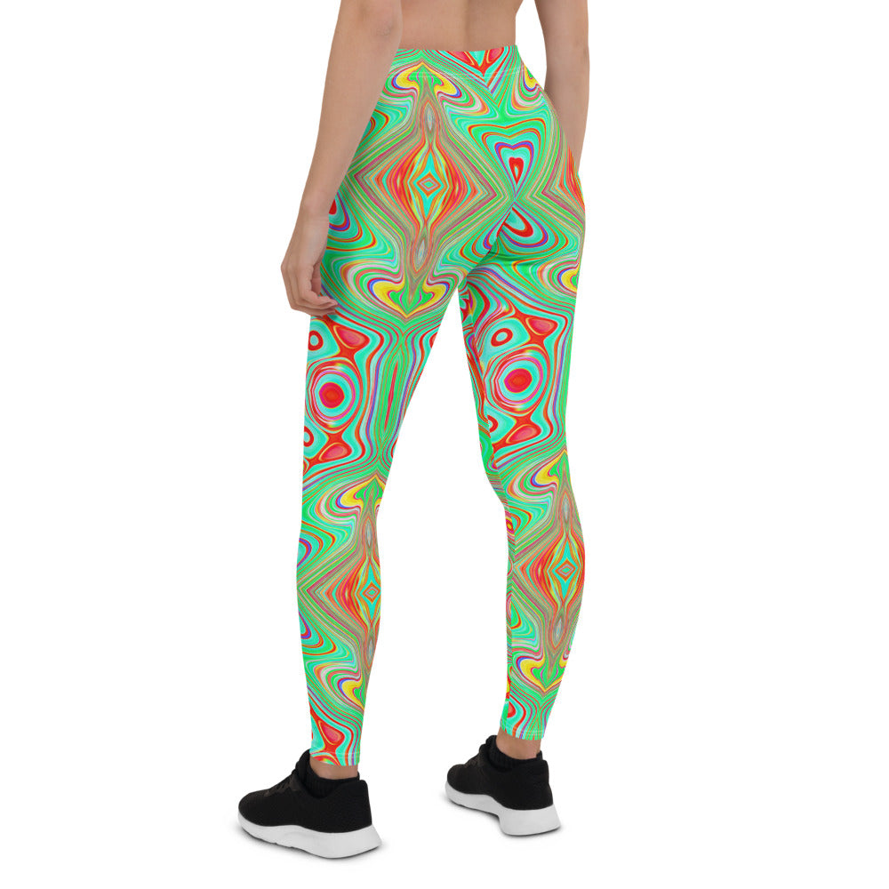 Leggings for Women, Trippy Retro Orange and Lime Green Abstract Pattern