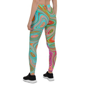 Leggings for Women, Trippy Retro Orange and Aqua Groovy Abstract Art