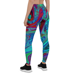 Leggings for Women, Groovy Abstract Retro Art in Blue and Red