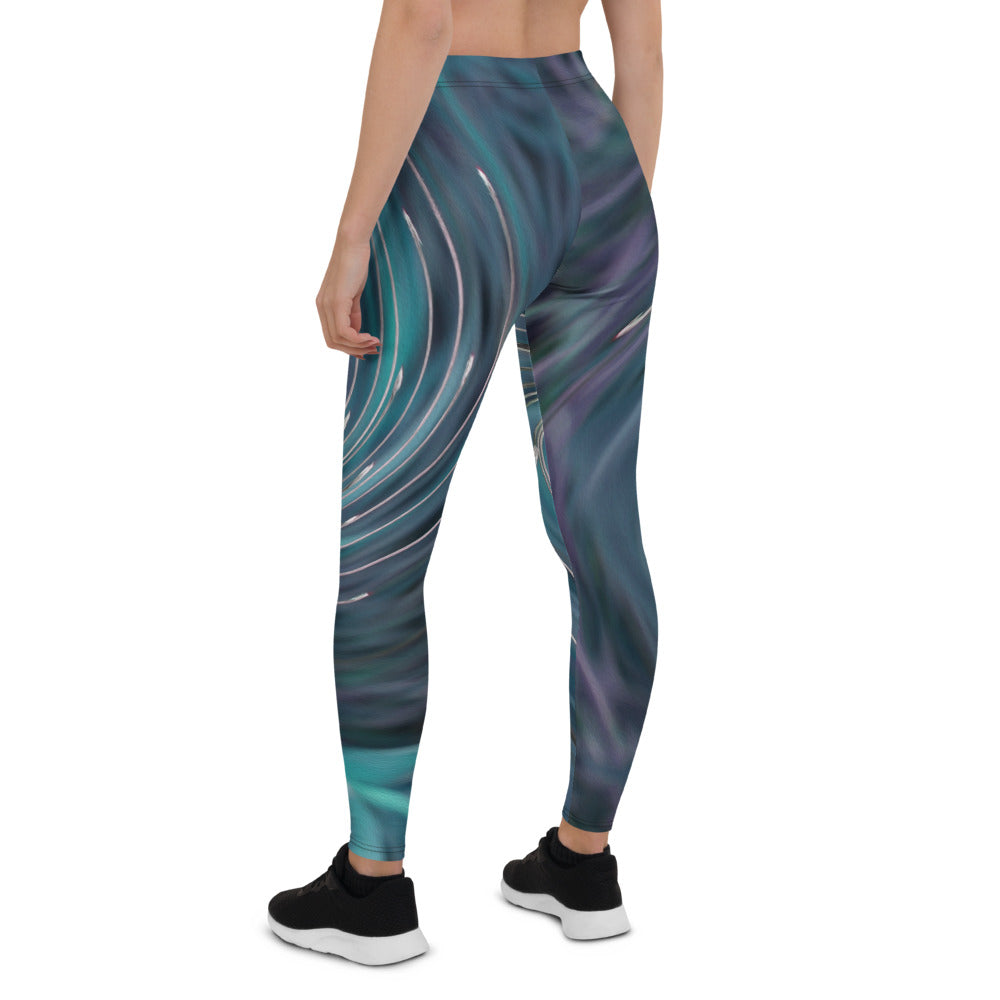 Leggings for Women, Cool Abstract Retro Black and Teal Cosmic Swirl