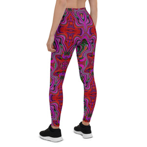 Leggings for Women, Cool Trippy Magenta, Red and Green Wavy Pattern