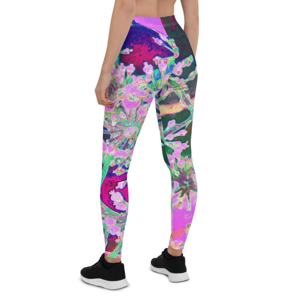 Leggings for Women, Cool Abstract Retro Nature in Pink and Lime Green