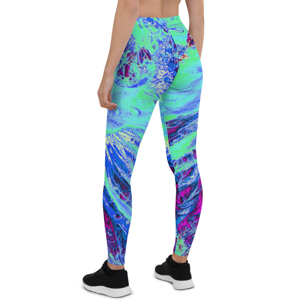 Leggings for Women, Psychedelic Retro Green and Blue Hibiscus Flower