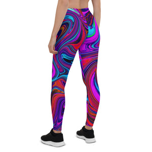 Leggings for Women, Marbled Magenta, Blue and Red Abstract Art