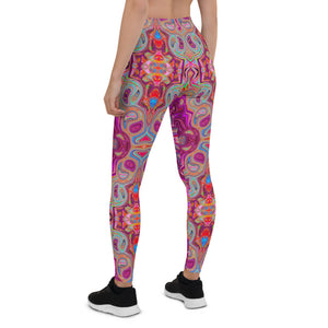 Leggings for Women, Abstract Magenta, Pink, Blue and Red Groovy Pattern