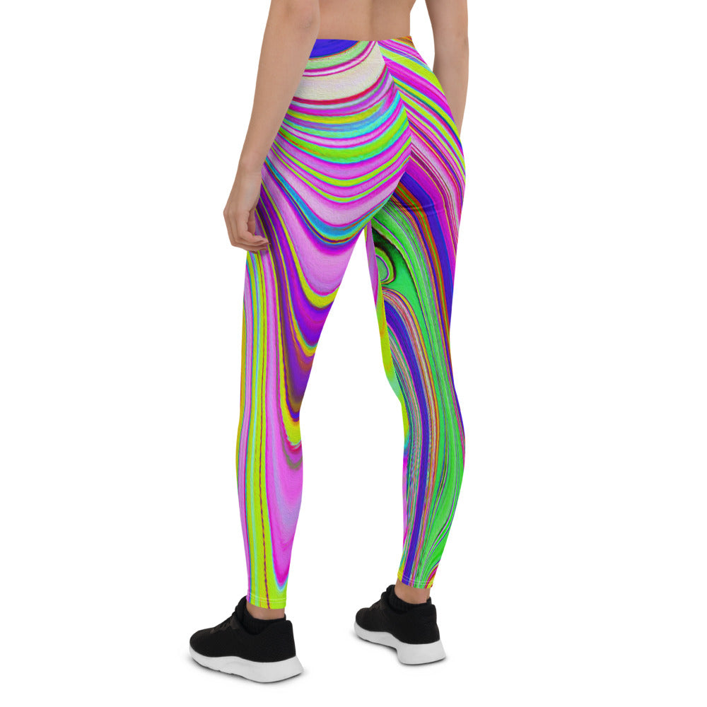 Leggings for Women, Trippy Yellow and Pink Abstract Groovy Retro Art